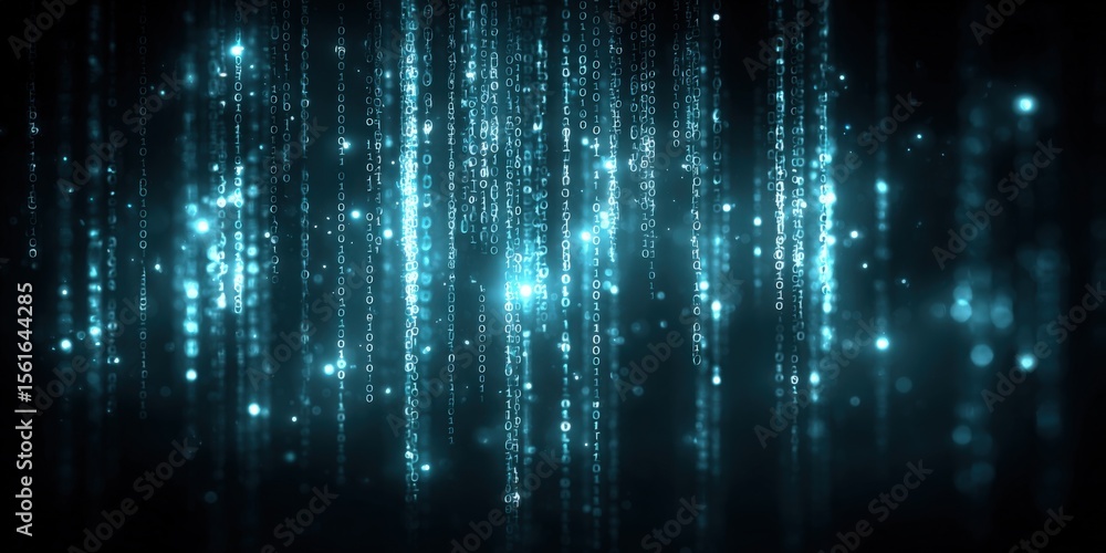 Poster stunning digital abstract with glowing blue vertical lines and sparkling particles.
