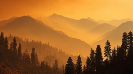 Obraz premium Stunning panoramic view of layered mountain ranges at sunset with forest foreground.