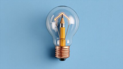 Creative light bulb with glowing filament on light blue background for innovation.