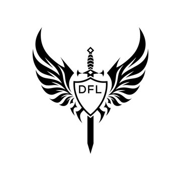DFL "Warrior Shield and Sword Emblem with Wings Logo," DFL Later Logo, "Black Tribal Winged Sword Crest Vector," "Heraldic Emblem with Wings, Sword, and Shield,"
