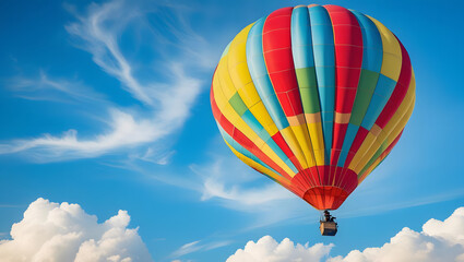 Obraz premium Rainbow Hot Air Balloon Ascending in Clear Blue Sky