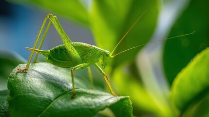 Fototapeta premium Close-up of a vibrant green grasshopper perched on a leaf in natural environment.