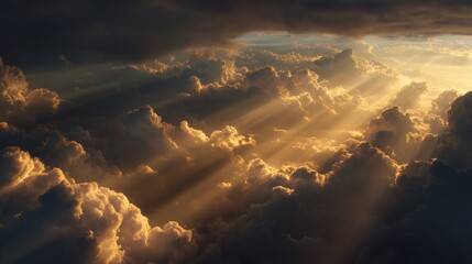 Stunning dramatic sky with golden sunset rays piercing through dark clouds and inspiring light beams.