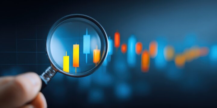 Close-up of a hand holding a magnifying glass analyzing colorful financial data bars on a digital screen.