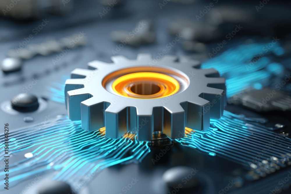Poster close-up of a computer motherboard with a glowing gear symbol and digital circuitry background.