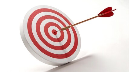 A single arrow perfectly strikes the bullseye of a red and white circular target symbolizing success and achievement