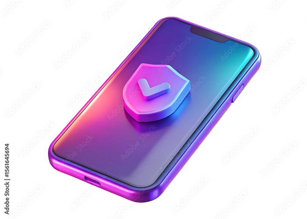 Poster modern smartphone displaying a glowing neon shield icon with a checkmark symbolizing digital securit