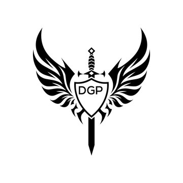 DGP "Warrior Shield and Sword Emblem with Wings Logo," DGP Later Logo, "Black Tribal Winged Sword Crest Vector," "Heraldic Emblem with Wings, Sword, and Shield,"
