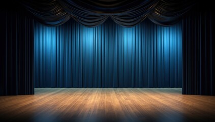 A closed blue stage curtain illuminated by spotlights above a wooden floor in an empty theater setting.
