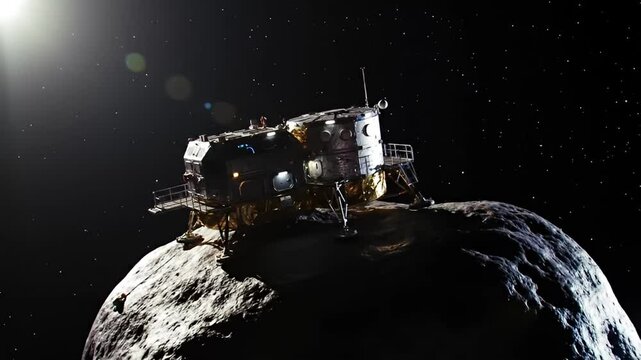 Lunar lander sits atop a space rock, stars twinkle in the dark void of space