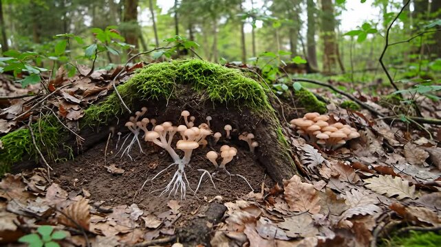 Forest floor with moss, leaf litter and translucent clusters of ghost fungus