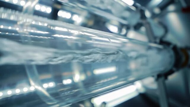 Clear liquid flowing through industrial glass piping with blurred light accents background