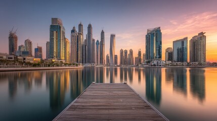 Obraz premium Modern city skyline architecture with skyscrapers riverfront view at sunset.