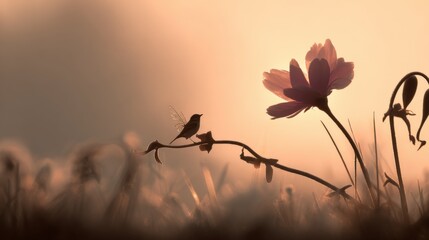 Beautiful silhouette of a bird perched on a flower branch during sunset or sunrise.