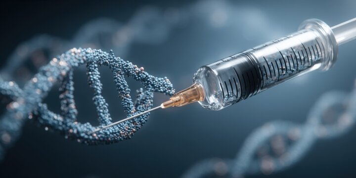Close-up of a DNA double helix sculpture intertwined with a syringe representing genetic research and medical innovation.