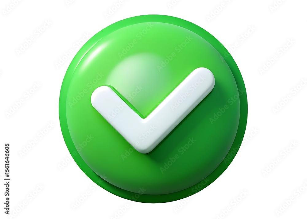Poster glossy green circular button with a raised white checkmark symbol indicating approval or completion