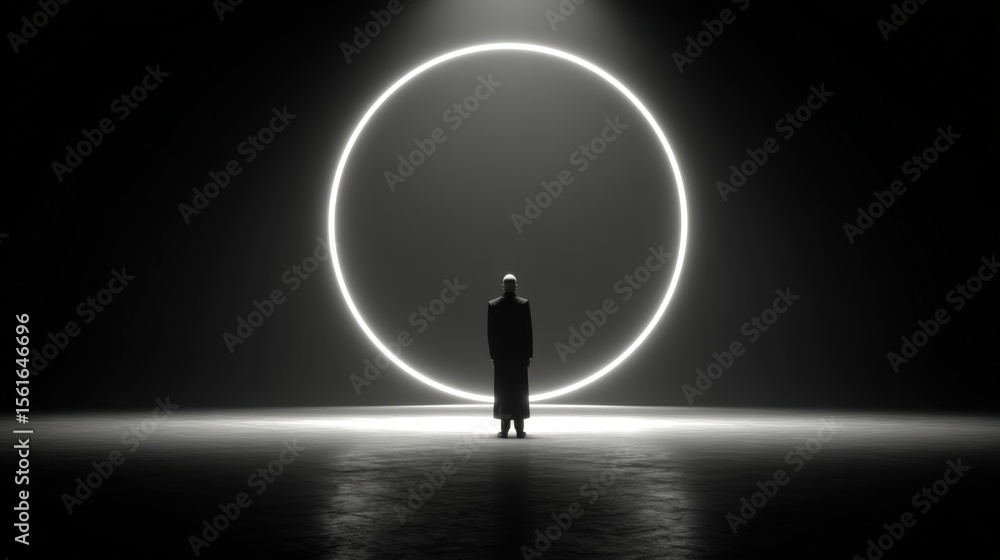 Poster minimalist silhouette of a person standing in front of illuminated circle with reflective floor in d