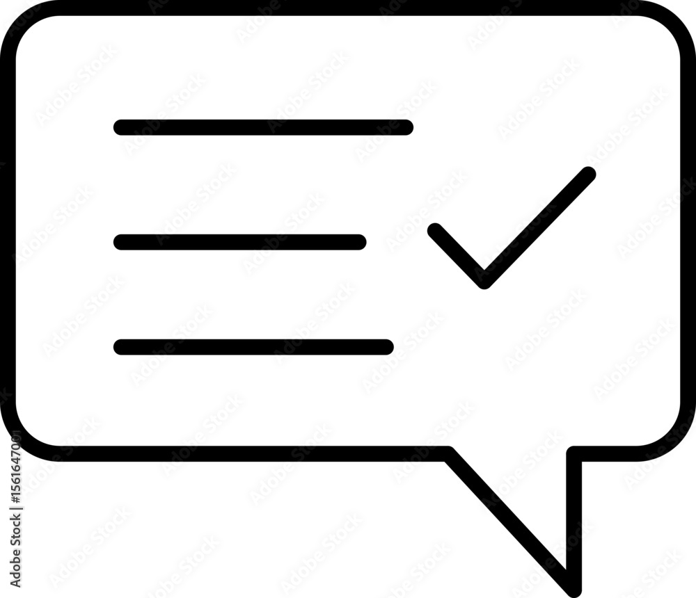 Poster speech bubble icon with check mark, communication symbol, black outline, simple design, isolated on 