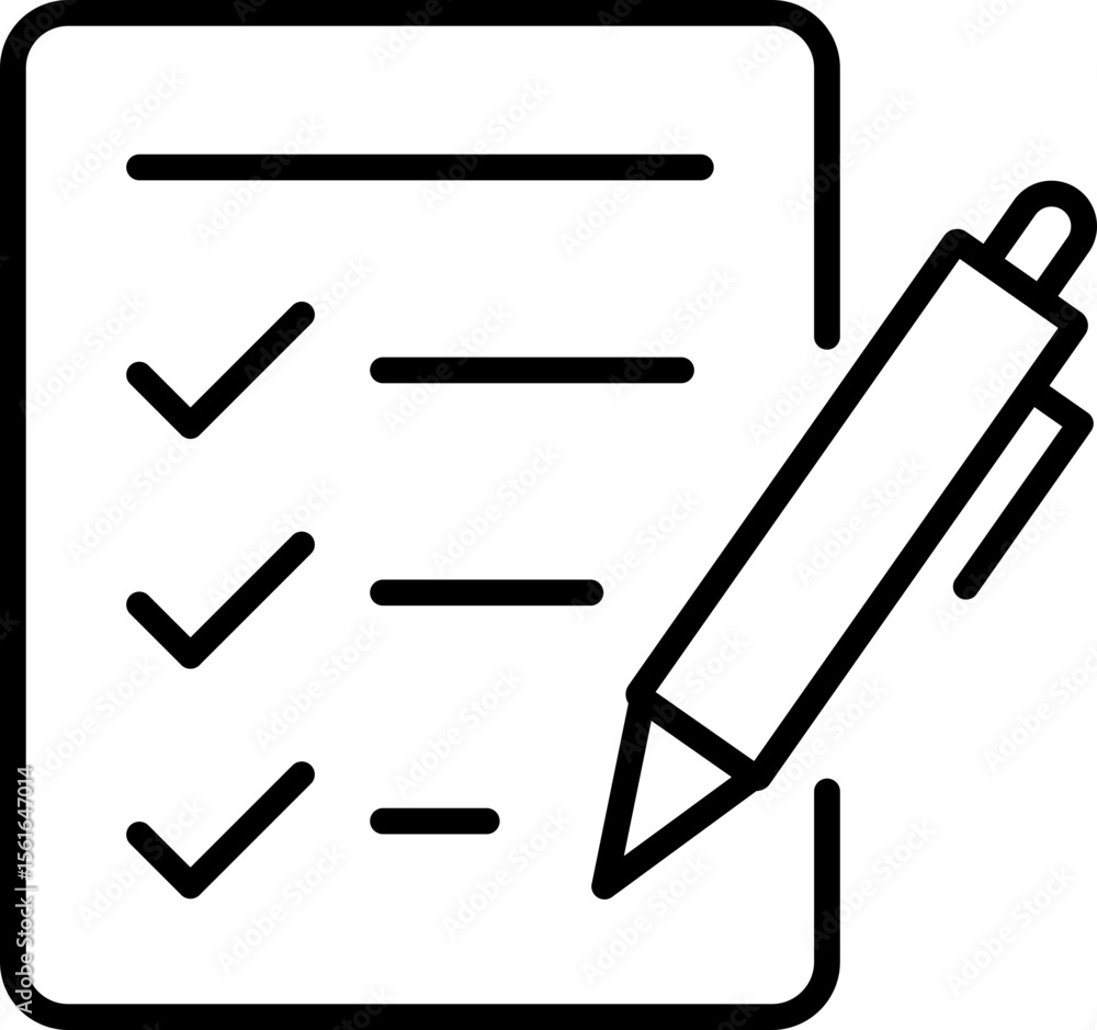 Poster checklist icon with three check marks and pen, representing organization, planning, and productivity