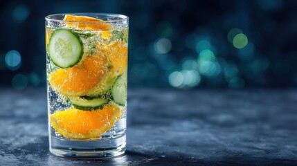 Refreshing citrus and cucumber infused sparkling water in a tall glass with bubbles.