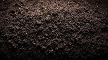 Close up of textured dark brown soil surface with small granules and uneven pattern.