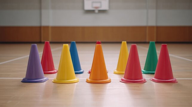 Colorful Plastic Cones Arranged in a Line on Gym Floor Indoors for Sports or Training.