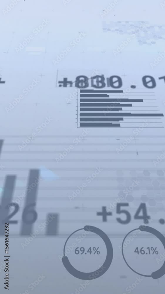 Poster animation of financial data and graphs over grey background