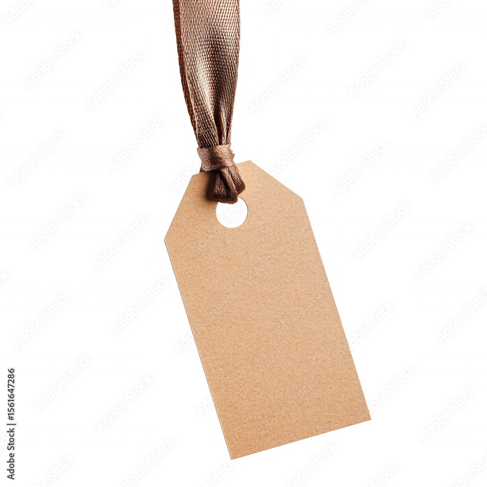 Poster string, rectangular price tag hanging with blank burlap bow rustic transparent backdrop, awaiting pe