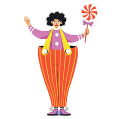 Cheerful clown with curly hair wearing oversized striped pants and a pink shirt, holding a large red-and-white lollipop. Bright, playful illustration perfect for entertainment and circus themes.
