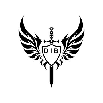 DIB "Warrior Shield and Sword Emblem with Wings Logo," DIB Later Logo, "Black Tribal Winged Sword Crest Vector," "Heraldic Emblem with Wings, Sword, and Shield,"
