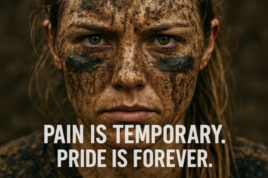 Close-up of a woman with dirt and mud on her face, intense expression, motivational quote Pain is temporary. Pride is forever