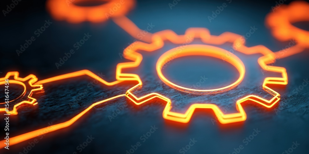Poster glowing orange illuminated mechanical gears with interconnected system technology.