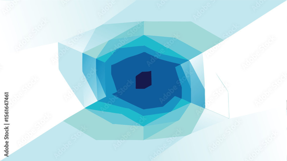 Poster abstract geometric design with blue and white polygons creating a tunnel effect visual art