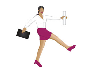 Cartoon illustration vector design of a woman in white who is posing looking like an employee or staff or also a secretary who is holding a notebook and a roll of white paper