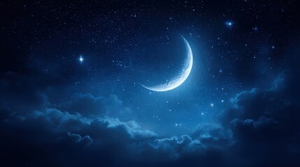 Beautiful night sky with a crescent moon and shining stars over cloudy clouds.