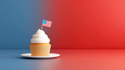 Cupcake with whipped cream and American flag on a plate against vibrant red and blue background.