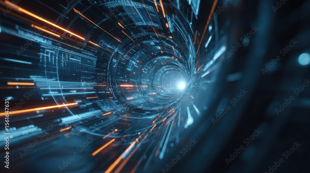 Poster futuristic digital tunnel with glowing lines and dynamic motion effects design.