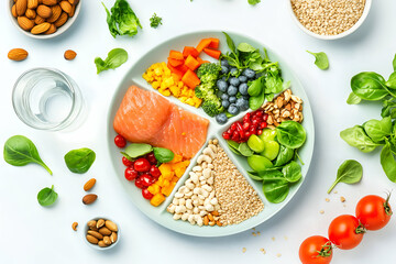 balanced diet food background plate with healthy food groups for nutrition plan