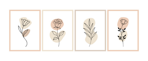 Minimalist floral line art set with beige and peach abstract shapes. Ideal for cover, poster, background etc