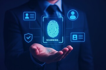 Businessman holding digital fingerprint scan with icons for identity verification, cybersecurity, biometric access and data protection