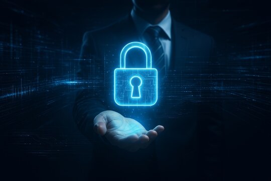 Businessman holding glowing digital padlock icon symbolizing cybersecurity, data protection, and online privacy