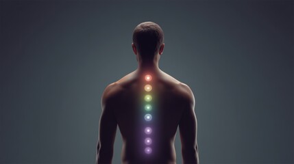 Human back with illuminated chakra points in a mystical energy healing concept.