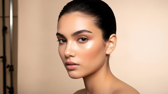 Beauty Portrait of Young Woman with Radiant Skin and Dark Hair in Studio Setting and Neutral Background