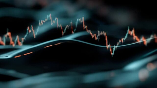 Abstract financial data visualization.  Fluctuating lines of market trends in a dark background