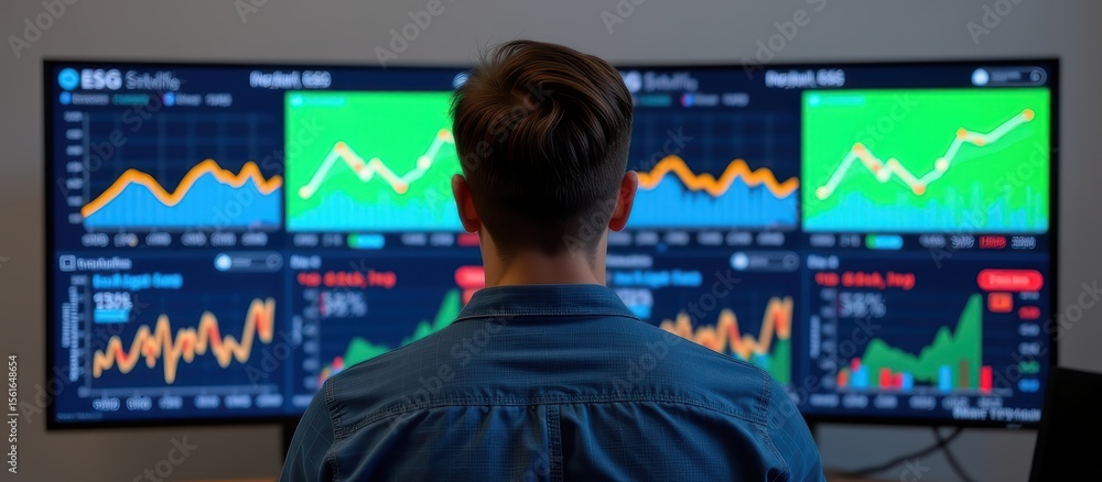 Poster esg investing strategies concept. monitoring financial data on multiple screens in a modern workspac