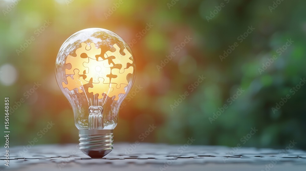 Poster lightbulb brainstorming strategy development collaboration lightbulb puzzle pieces coming together, 