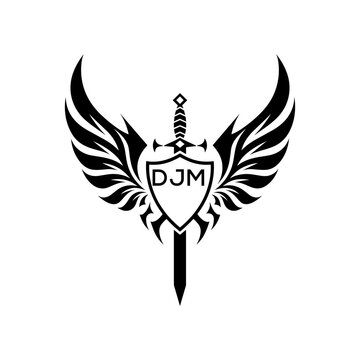 DJM "Warrior Shield and Sword Emblem with Wings Logo," DJM Later Logo, "Black Tribal Winged Sword Crest Vector," "Heraldic Emblem with Wings, Sword, and Shield,"
