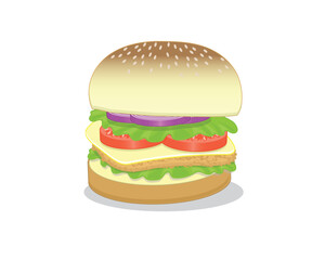 vector illustration design of a hamburger with layers and filling of sliced ​​red onion celery leaves tomato cheese and meat