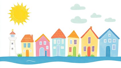 Colorful houses by the sea, with a sun and clouds
