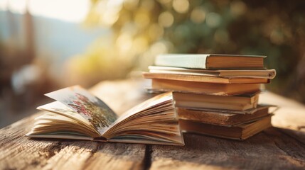 Obraz premium Scenic outdoor scene with a stack of books and an open book on rustic wooden surface during golden hour.